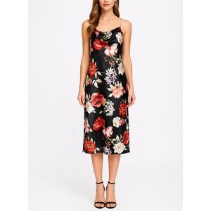 Bebe Y2K Satin Slip Dress Size S Dark Floral Whimsigoth Cowl Neck Romantic Event